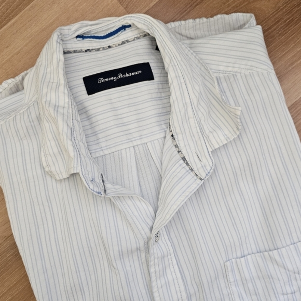 Tommy Bahama | Men's White Blue Striped‎ Shirt Long Sleeve Button Up Size Large
